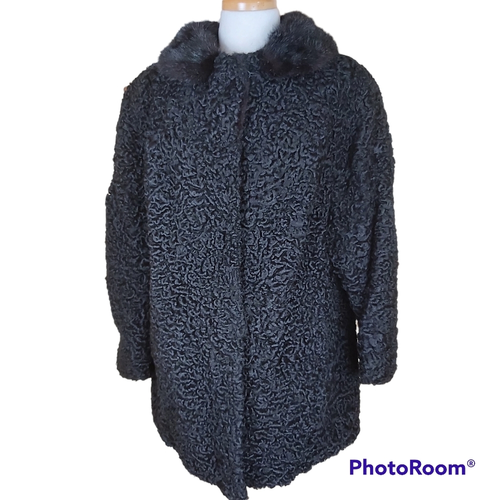 Vintage 50s style! Persian sheep lamb fur winter coat with  real mink collar